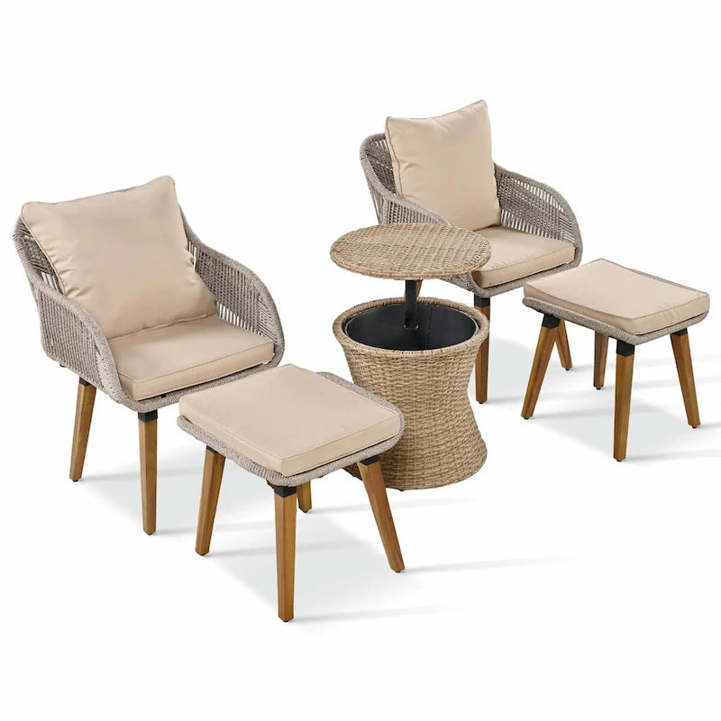 Set salotto da giardino 5 pezzi con tavolo bar in vimini e poggiapiedi