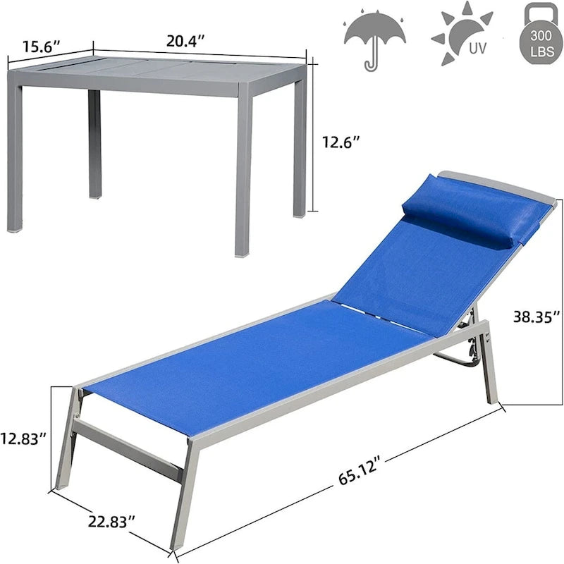 5 Sedie a Sdraio Reclinabili da Esterno in Alluminio con Cuscino e 1 Tavolo, Colore Blu - N/A