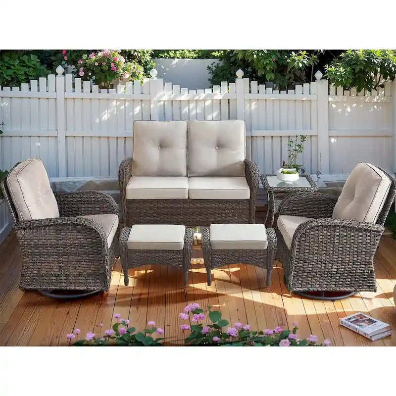 Outdoor Swivel Rocker Chairs with Glider Sofa - Brown