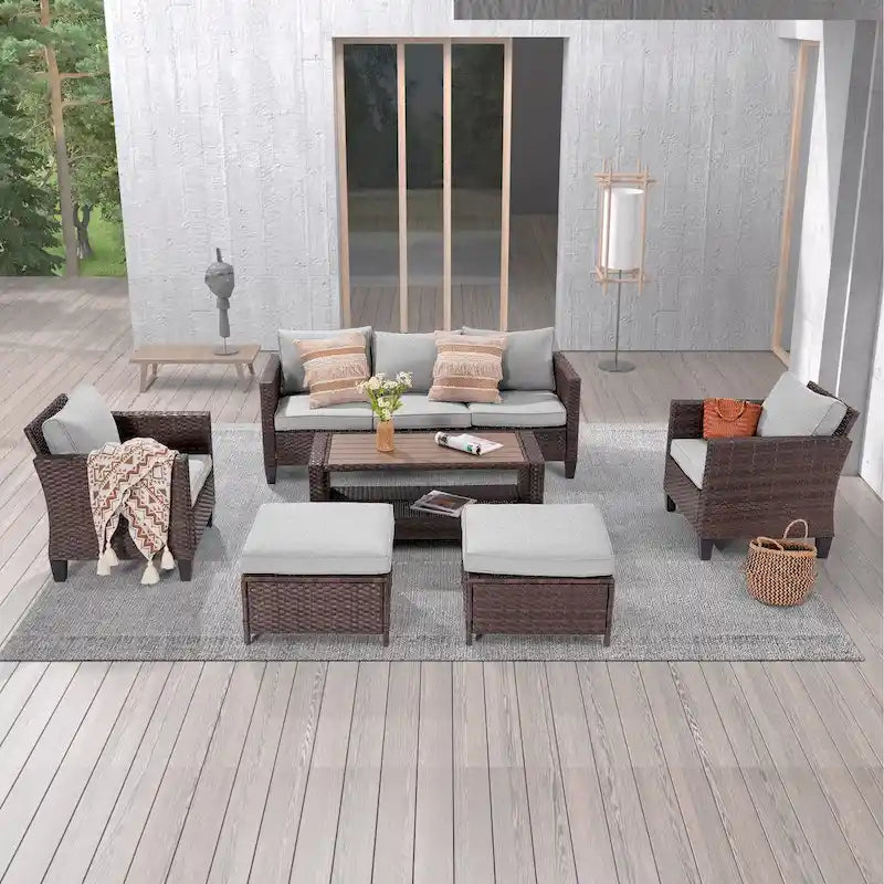 LIVOOSUN Set di 6 Mobili da Esterno in Rattan Marrone per Patio con Tavolino da Caffè