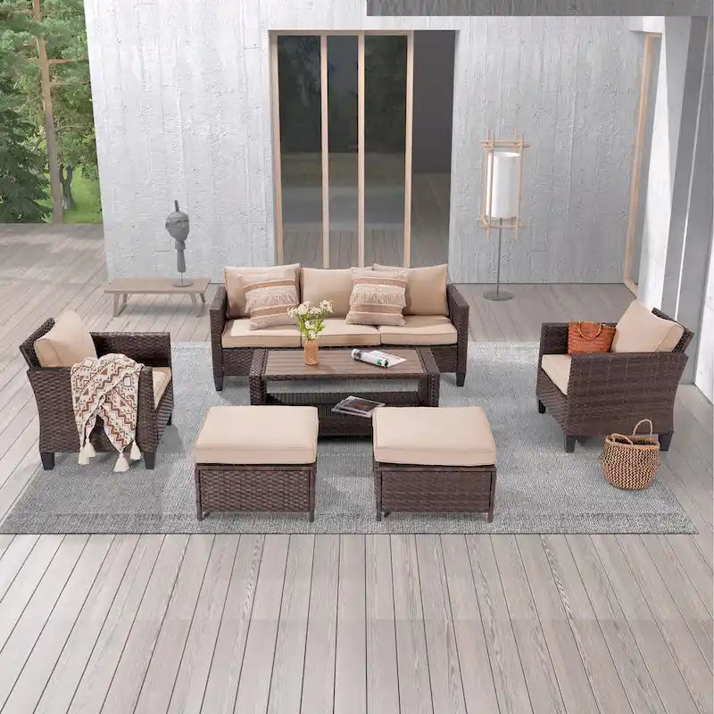 LIVOOSUN Set di 6 Mobili da Esterno in Rattan Marrone per Patio con Tavolino da Caffè
