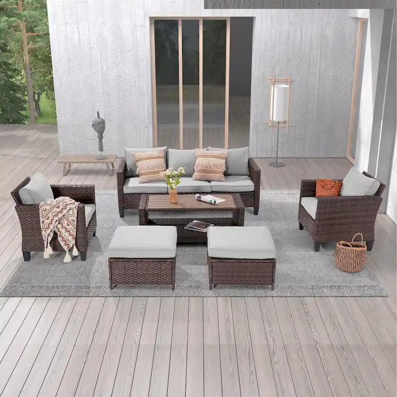 LIVOOSUN Set di 6 Mobili da Esterno in Rattan Marrone per Patio con Tavolino da Caffè
