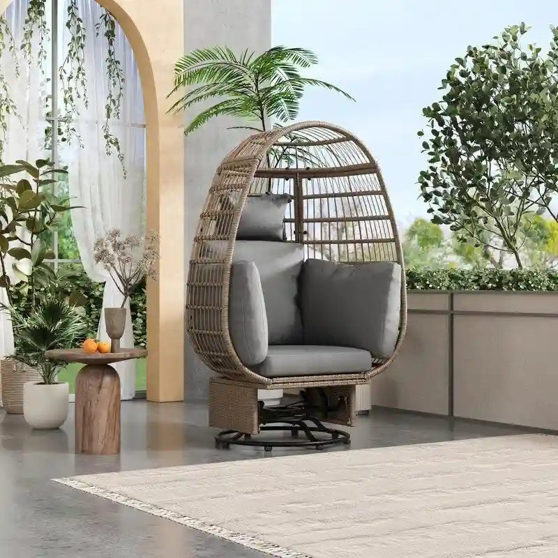 Sedia a Uovo Girevole in Rattan da Giardino con Cuscini e Funzione Dondolo