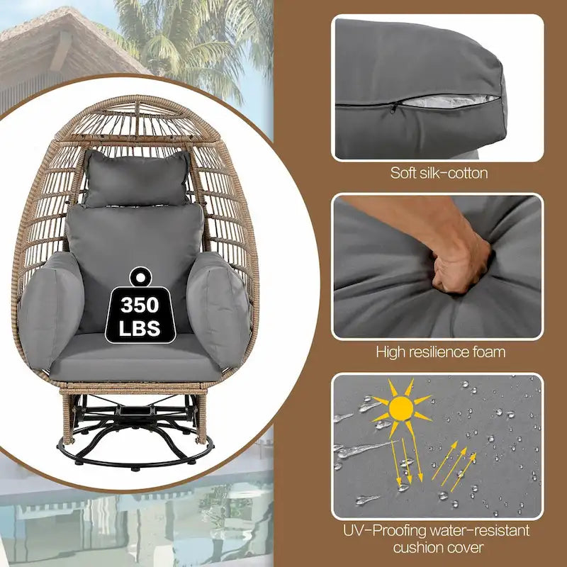 Sedia a Uovo Girevole in Rattan da Giardino con Cuscini e Funzione Dondolo