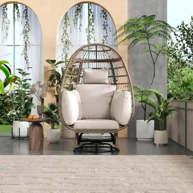 Sedia a Uovo Girevole in Rattan da Giardino con Cuscini e Funzione Dondolo