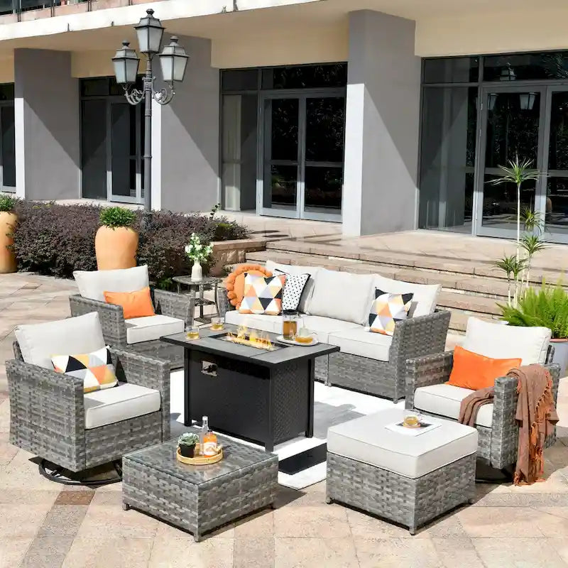 HOOOWOOO 10-piece Rattan Wicker Sectional Sofa Patio Furniture Set with Fire Pit Table