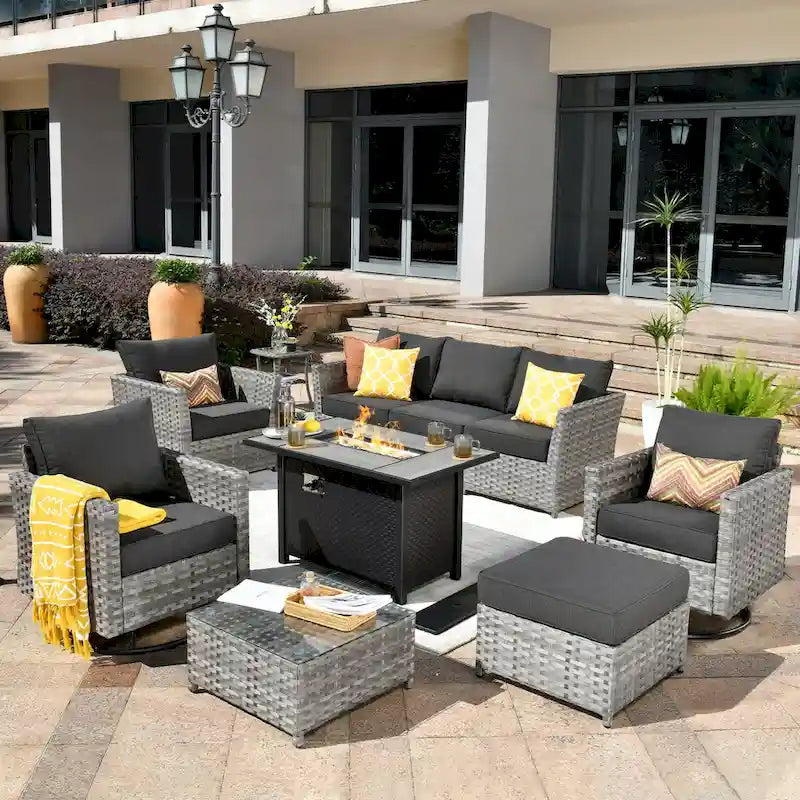 HOOOWOOO Set da 10 Pezzi di Mobili da Giardino con Divano Sezionale in Rattan Vimini e Tavolo con Focolare