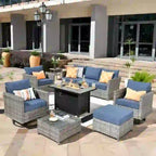 HOOOWOOO Set da 10 Pezzi di Mobili da Giardino con Divano Sezionale in Rattan Vimini e Tavolo con Focolare