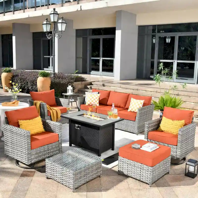 HOOOWOOO Set da 10 Pezzi di Mobili da Giardino con Divano Sezionale in Rattan Vimini e Tavolo con Focolare