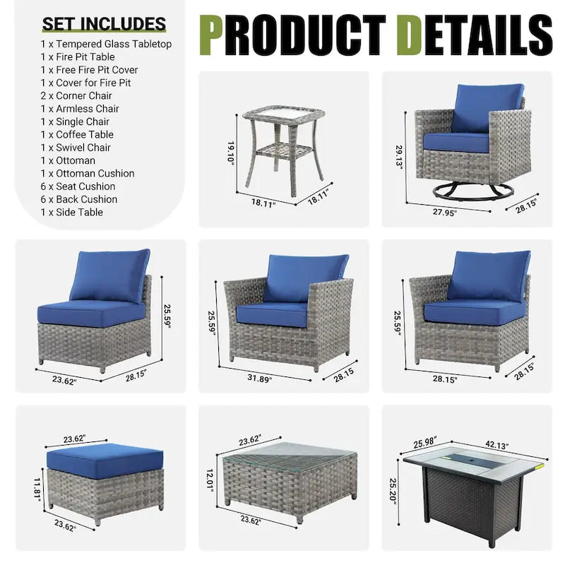 HOOOWOOO Set da 10 Pezzi di Mobili da Giardino con Divano Sezionale in Rattan Vimini e Tavolo con Focolare