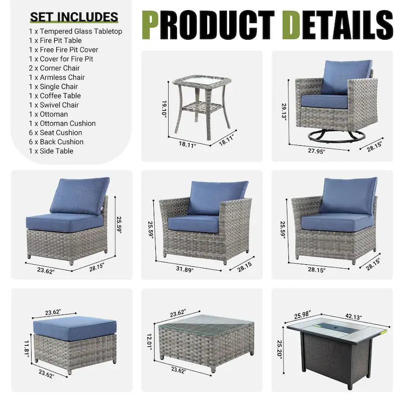 HOOOWOOO Set da 10 Pezzi di Mobili da Giardino con Divano Sezionale in Rattan Vimini e Tavolo con Focolare