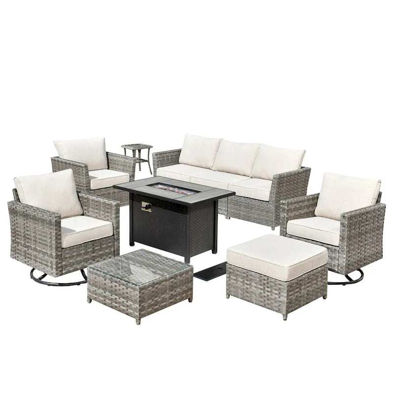 HOOOWOOO Set da 10 Pezzi di Mobili da Giardino con Divano Sezionale in Rattan Vimini e Tavolo con Focolare