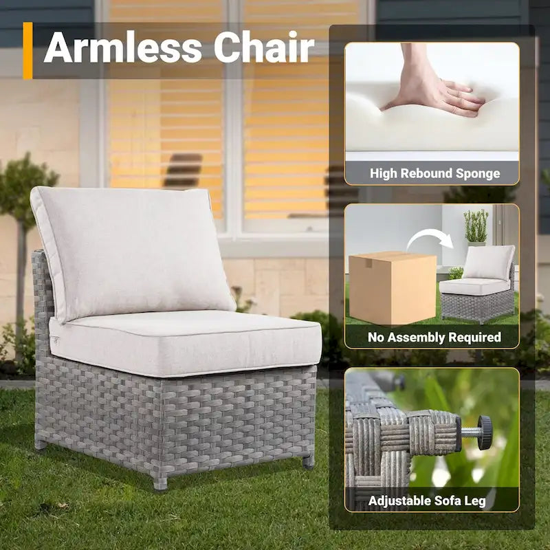 HOOOWOOO Set da 10 Pezzi di Mobili da Giardino con Divano Sezionale in Rattan Vimini e Tavolo con Focolare