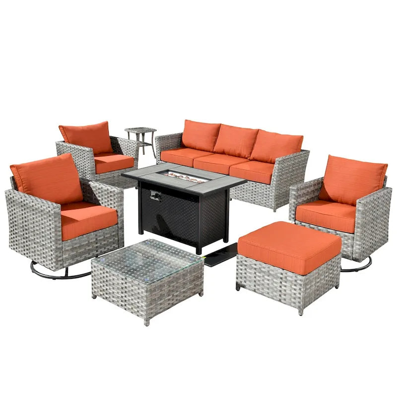 HOOOWOOO Set da 10 Pezzi di Mobili da Giardino con Divano Sezionale in Rattan Vimini e Tavolo con Focolare