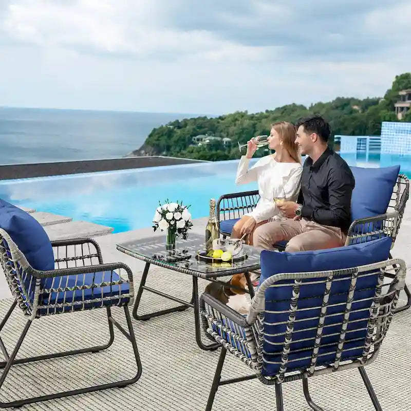 Set bistrot Moasis da 4 pezzi con divanetto in rattan blu per tutte le stagioni - 4 pz