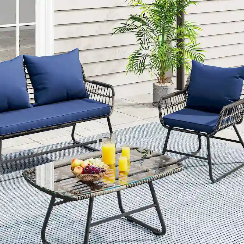 Set bistrot Moasis da 4 pezzi con divanetto in rattan blu per tutte le stagioni - 4 pz