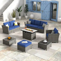 HOOOWOOO Set Sezionale da Esterno 10 Pezzi in Rattan e Vimini con Braciere
