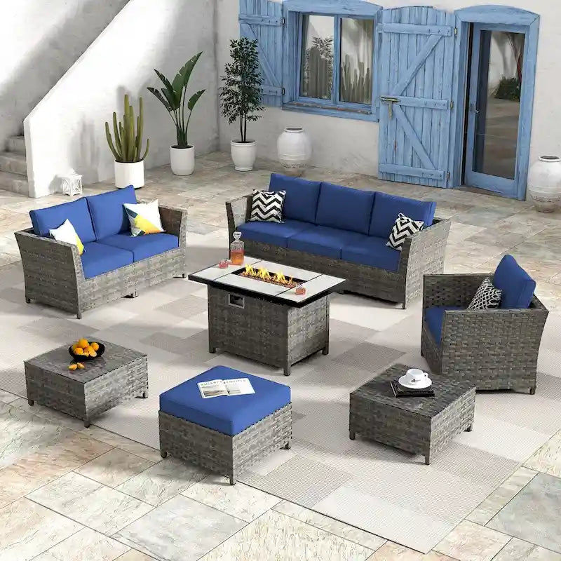 HOOOWOOO Set Sezionale da Esterno 10 Pezzi in Rattan e Vimini con Braciere