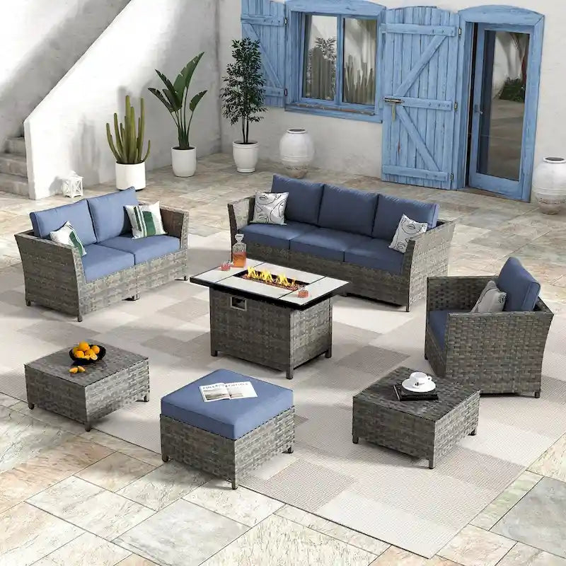 HOOOWOOO Set Sezionale da Esterno 10 Pezzi in Rattan e Vimini con Braciere