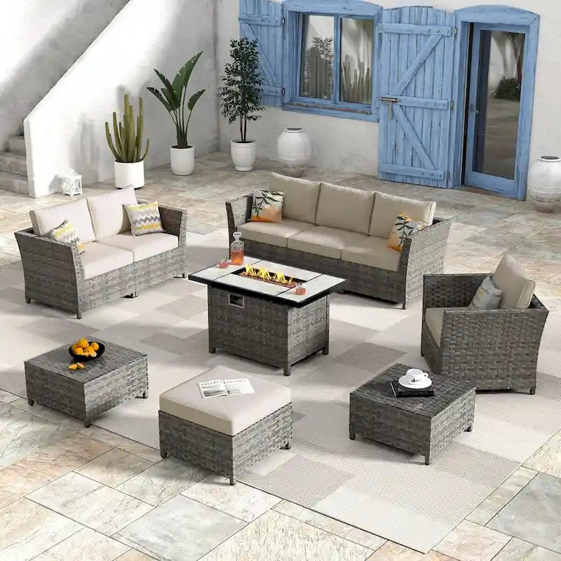 HOOOWOOO Set Sezionale da Esterno 10 Pezzi in Rattan e Vimini con Braciere