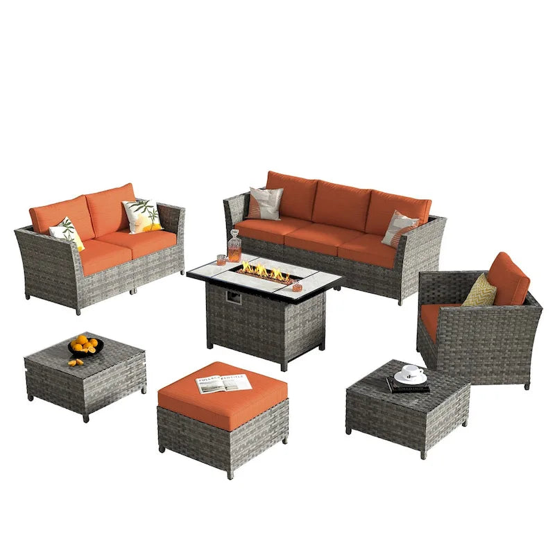 HOOOWOOO Set Sezionale da Esterno 10 Pezzi in Rattan e Vimini con Braciere