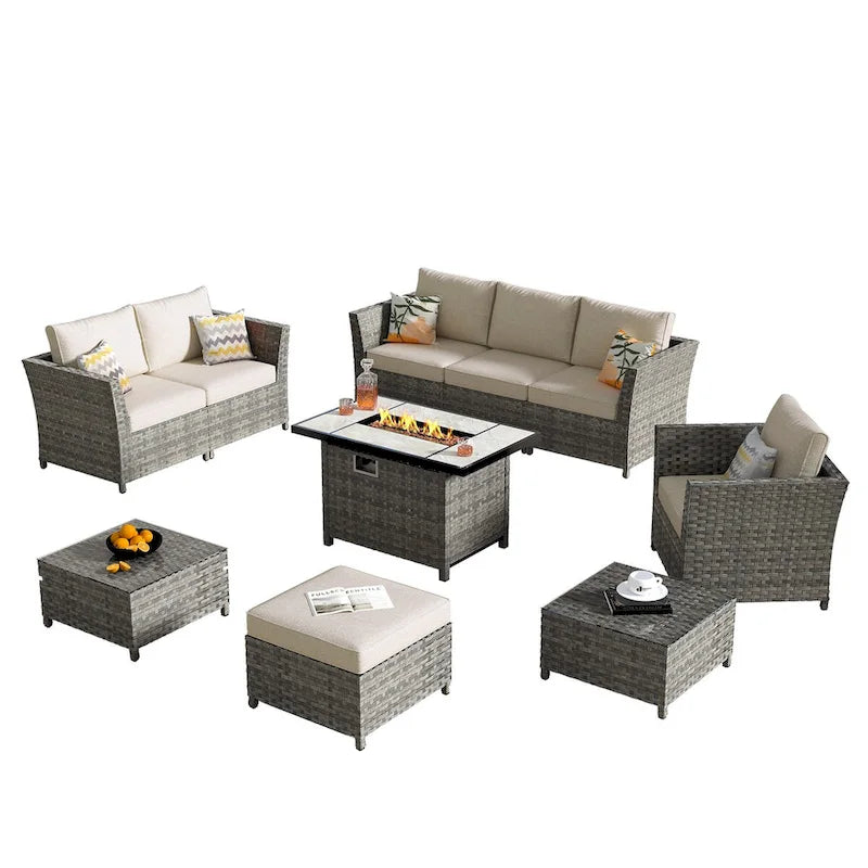 HOOOWOOO Set Sezionale da Esterno 10 Pezzi in Rattan e Vimini con Braciere