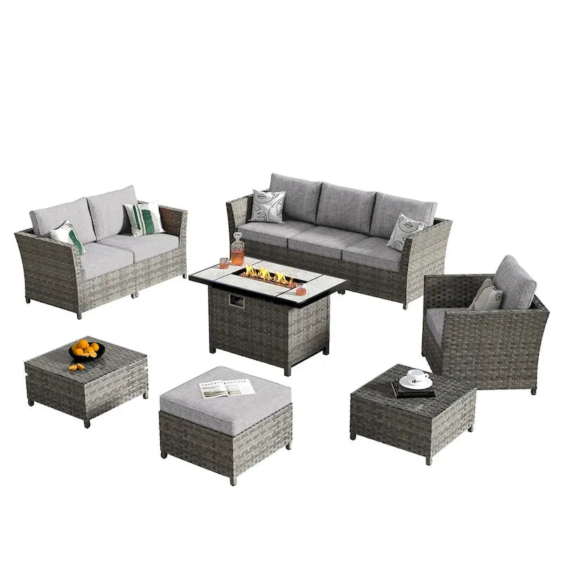HOOOWOOO Set Sezionale da Esterno 10 Pezzi in Rattan e Vimini con Braciere