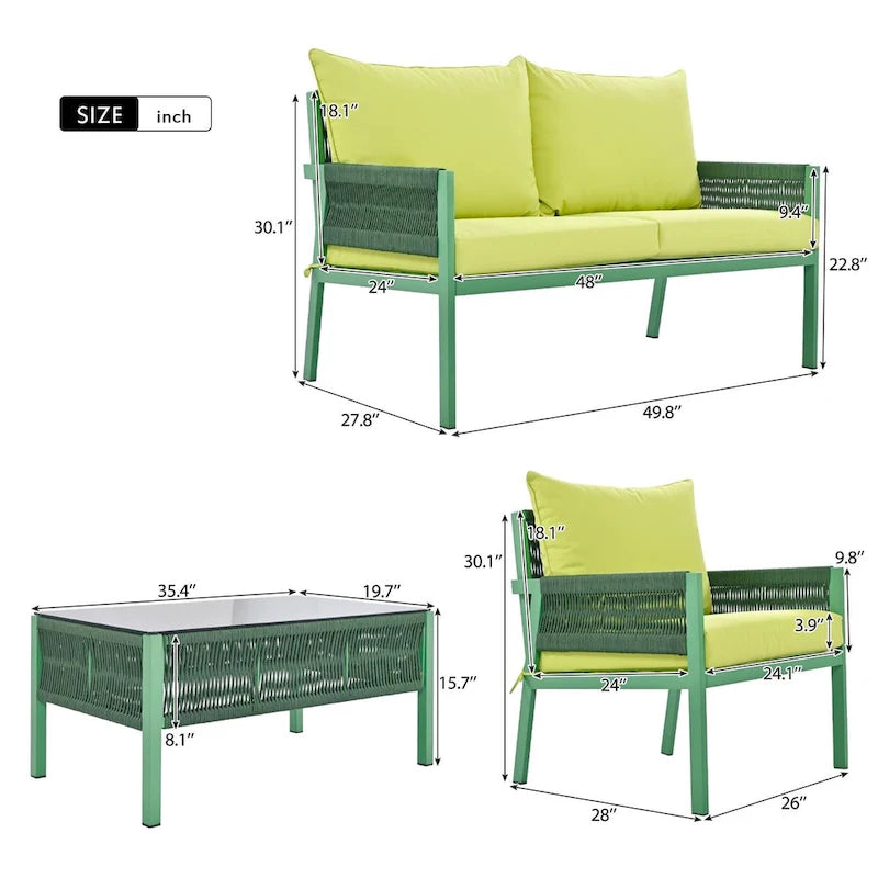 Set di mobili da giardino in corda da 4 pezzi, set salotto da giardino - 1 divanetto, 1 tavolo e 2 sedie