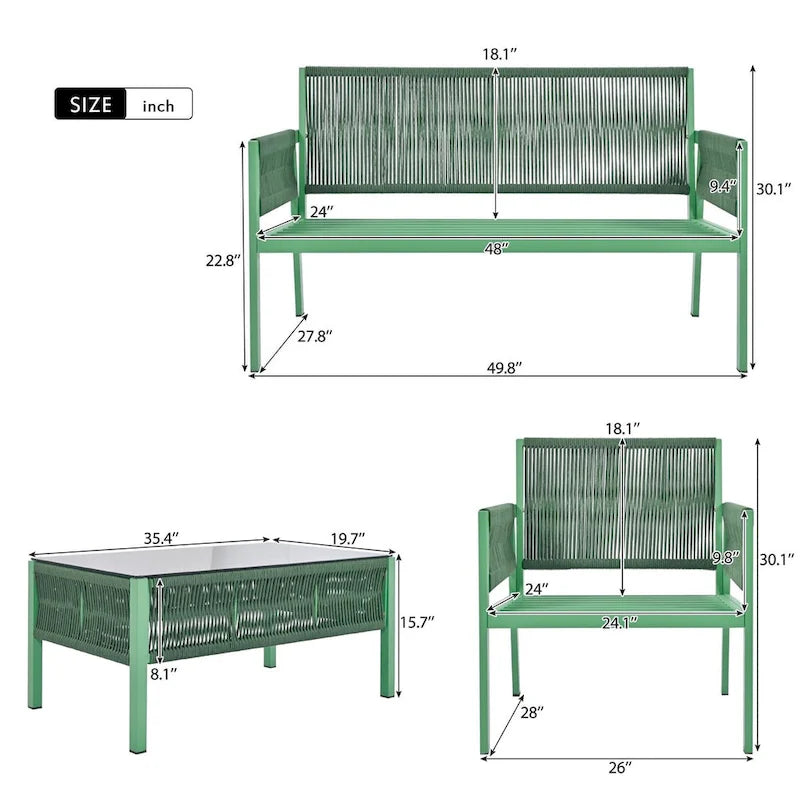 Set di mobili da giardino in corda da 4 pezzi, set salotto da giardino - 1 divanetto, 1 tavolo e 2 sedie