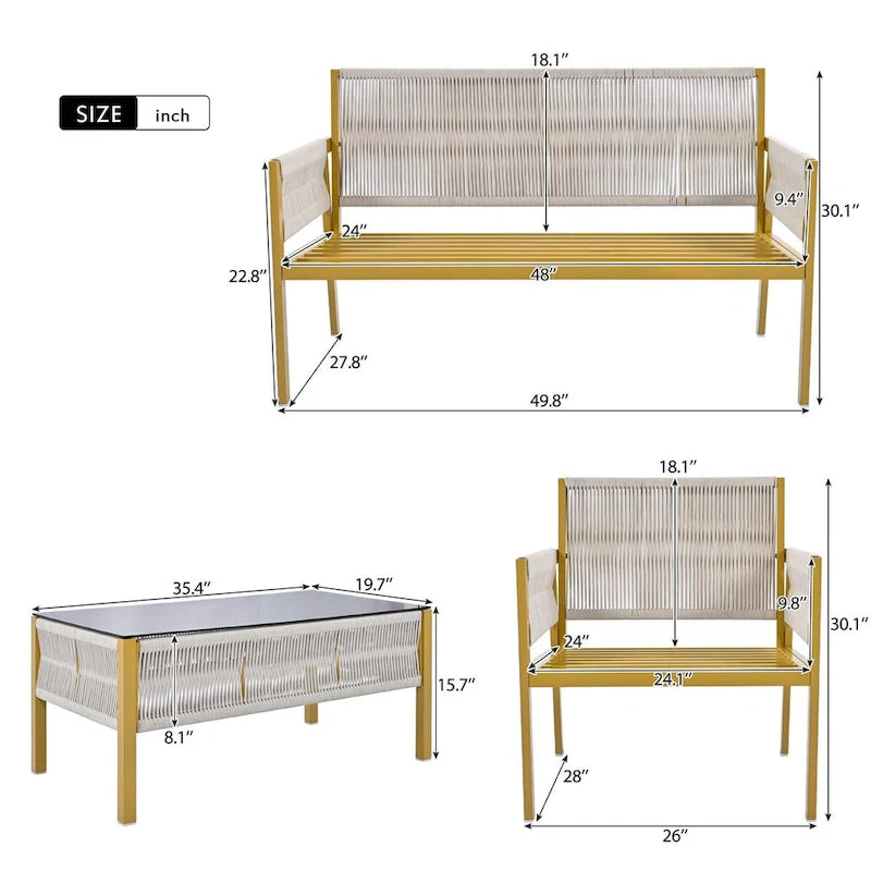 Set di mobili da giardino in corda da 4 pezzi, set salotto da giardino - 1 divanetto, 1 tavolo e 2 sedie