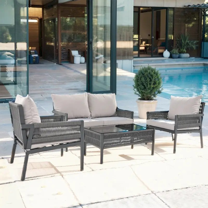 Set di mobili da giardino in corda da 4 pezzi, set salotto da giardino - 1 divanetto, 1 tavolo e 2 sedie