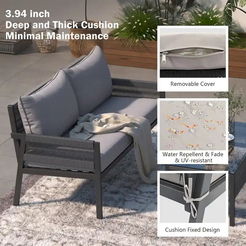 Set di mobili da giardino in corda da 4 pezzi, set salotto da giardino - 1 divanetto, 1 tavolo e 2 sedie