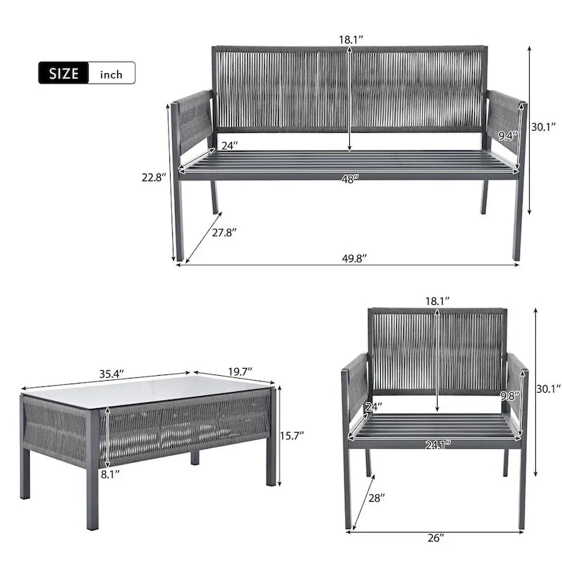 Set di mobili da giardino in corda da 4 pezzi, set salotto da giardino - 1 divanetto, 1 tavolo e 2 sedie