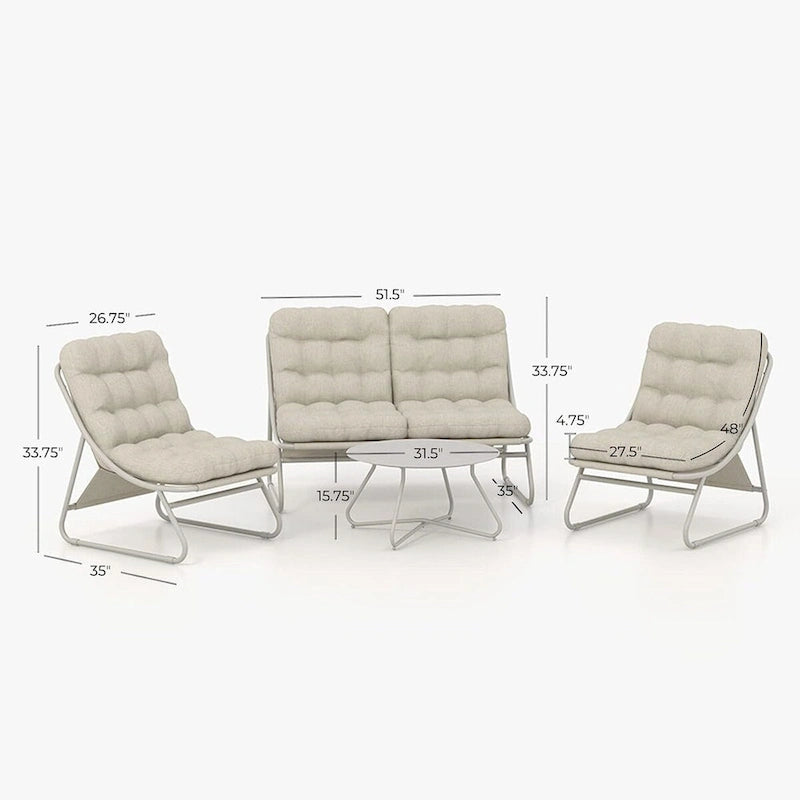 Set da conversazione per patio con divano, sedie e tavolo, con cuscini in Olefin imbottiti rimovibili in struttura di metallo per esterni (set da 4)