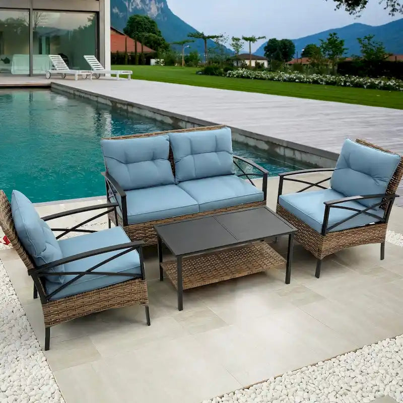Blue Rattan Wicker Patio 4-Piece Sectional Set with Steel Table