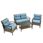 Set componibile a 4 pezzi da patio in vimini di rattan blu con tavolo in acciaio
