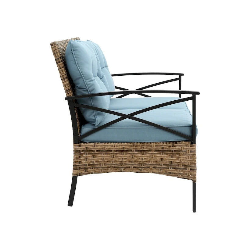 Set componibile a 4 pezzi da patio in vimini di rattan blu con tavolo in acciaio