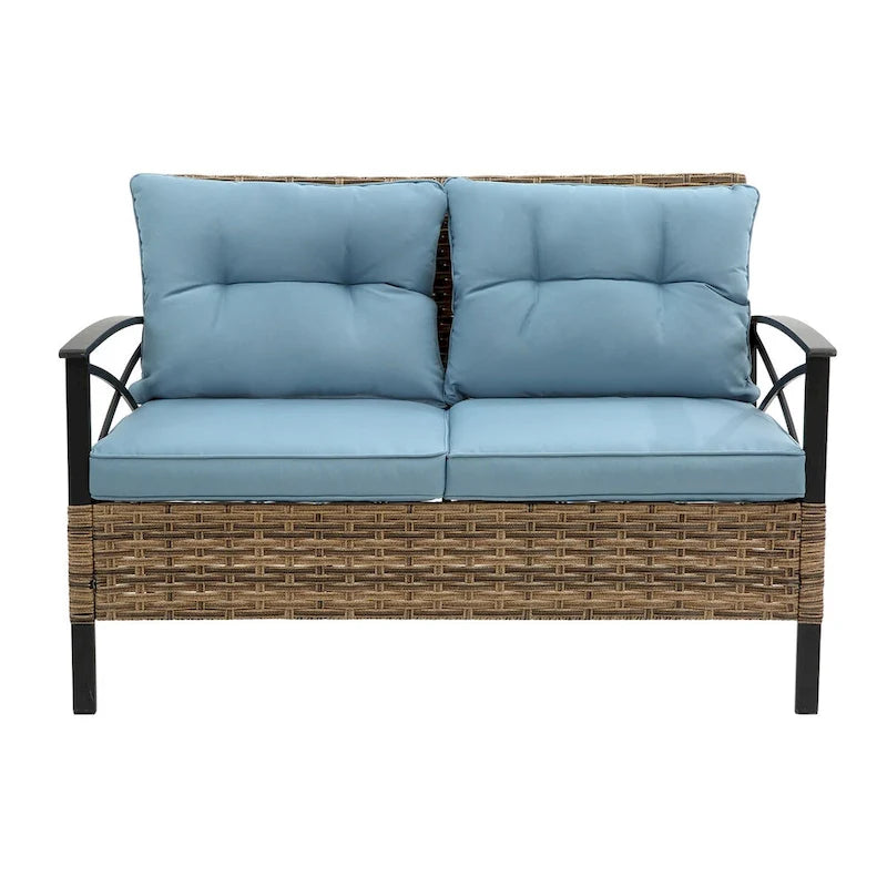 Set componibile a 4 pezzi da patio in vimini di rattan blu con tavolo in acciaio