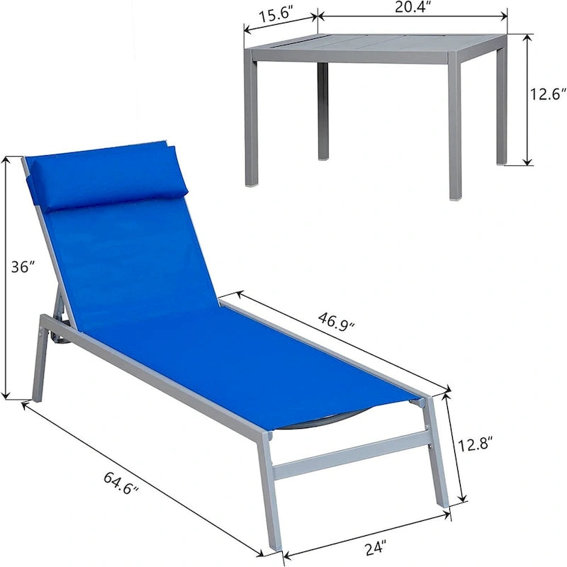 2 sedie a sdraio da esterno in acciaio regolabili in 5 posizioni con cuscino e 1 tavolo, colore blu - N/A