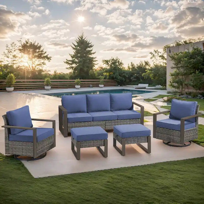 Set divano da giardino Gymojoy con sedia a dondolo e poggiapiedi - Grigio