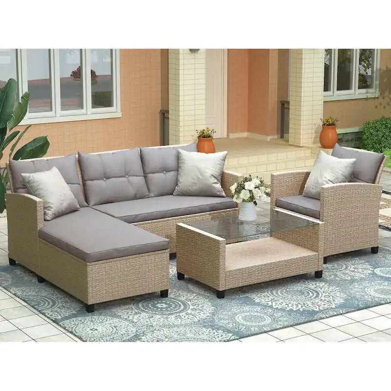 Set di mobili da esterno per patio, set di conversazione a 4 pezzi, divano componibile in vimini e rattan con cuscini per seduta