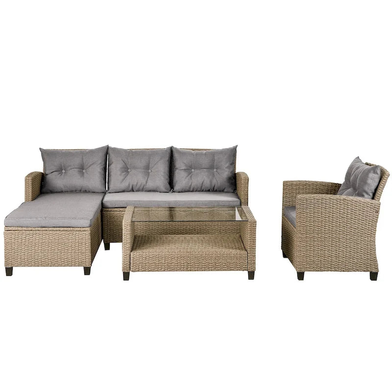 Set di mobili da esterno per patio, set di conversazione a 4 pezzi, divano componibile in vimini e rattan con cuscini per seduta