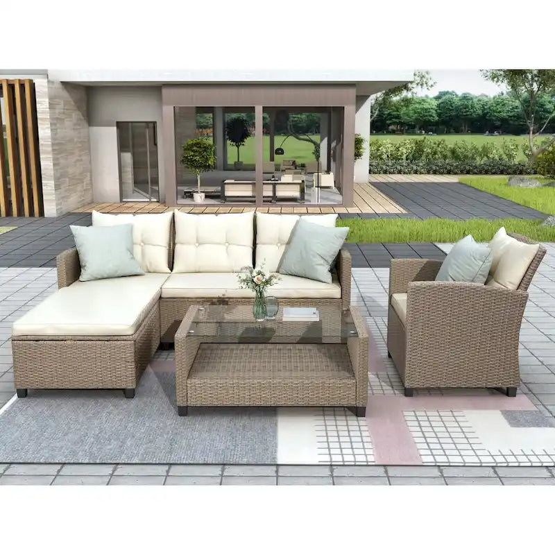 Set di mobili da esterno per patio, set di conversazione a 4 pezzi, divano componibile in vimini e rattan con cuscini per seduta