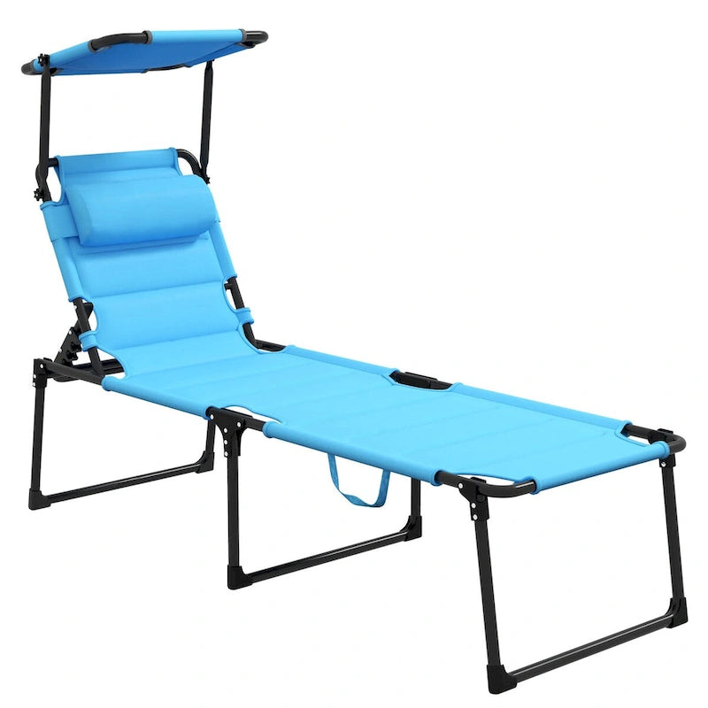 Lounge Chair, Adjustable Backrest Folding Chaise Lounge, Cushioned Tanning Chair Sunshade Roof & Pillow Headrest