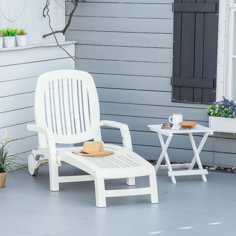 Outdoor Folding Chaise Lounge Chair with Storage Box, 5 Level Adjustable Backrest & Wheels