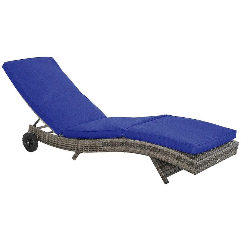 Chaise longue portatile da esterno con cuscini in rattan PE, sedia a sdraio da piscina con schienale regolabile a 5 livelli e ruote