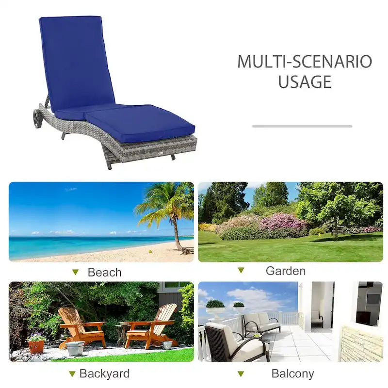 Chaise longue portatile da esterno con cuscini in rattan PE, sedia a sdraio da piscina con schienale regolabile a 5 livelli e ruote