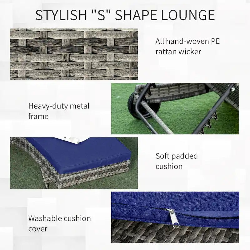 Chaise longue portatile da esterno con cuscini in rattan PE, sedia a sdraio da piscina con schienale regolabile a 5 livelli e ruote