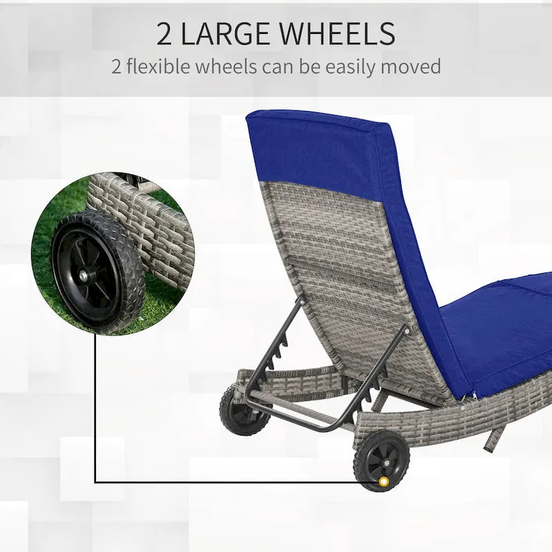 Chaise longue portatile da esterno con cuscini in rattan PE, sedia a sdraio da piscina con schienale regolabile a 5 livelli e ruote