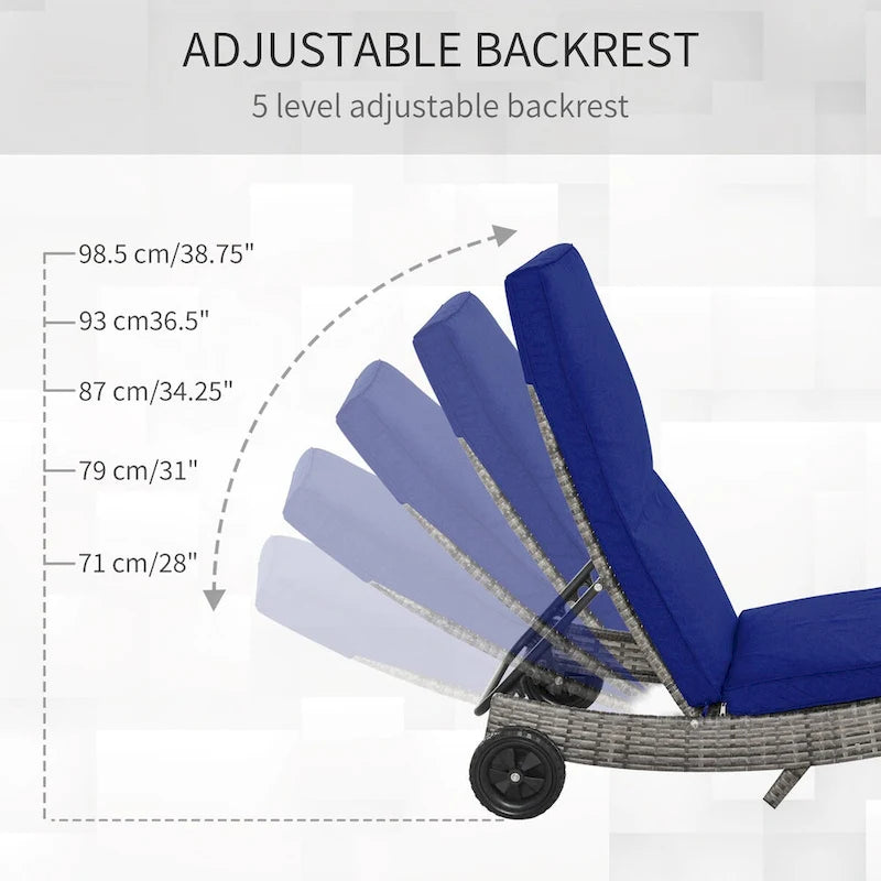 Chaise longue portatile da esterno con cuscini in rattan PE, sedia a sdraio da piscina con schienale regolabile a 5 livelli e ruote